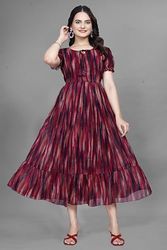 Image of Women Gown with Abstract Print | Georgette One Piece Dress with Puff Sleeves | Round Neck Tiered Midi Frock for Women | Ladies Western Maxi Dress