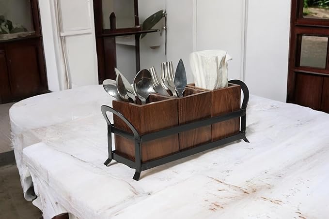 Rustic Wooden Utensil Caddy with Metal Frame, 3 Compartment Flatware Organizer, Kitchen Spoon Holder, Dark Brown Wood Storage Container