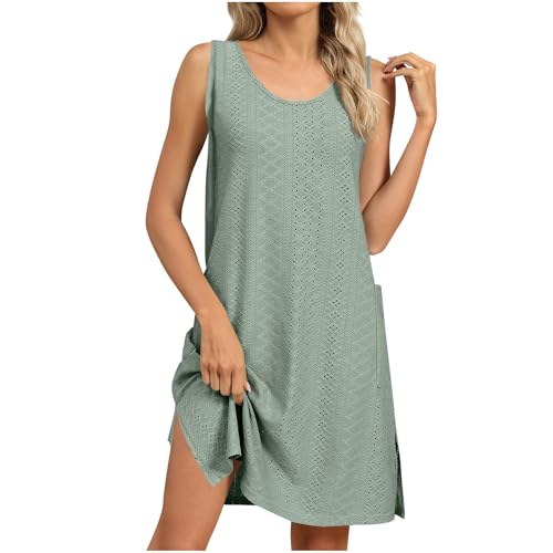 BFSWL Vestido de verano para mujer, hasta la rodilla, sin mangas, transpirable, sin mangas, vestido de ocio, vestido de verano, bordado con agujeros, vestido de vacaciones, monocolor, vestido de playa