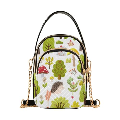 Women Shoulder Handbag Colorful Phone Purse Chain Strap Handbag Quilted Designer Satchel Crossbody Bag Cute Cartoon Hedgehogs Plants