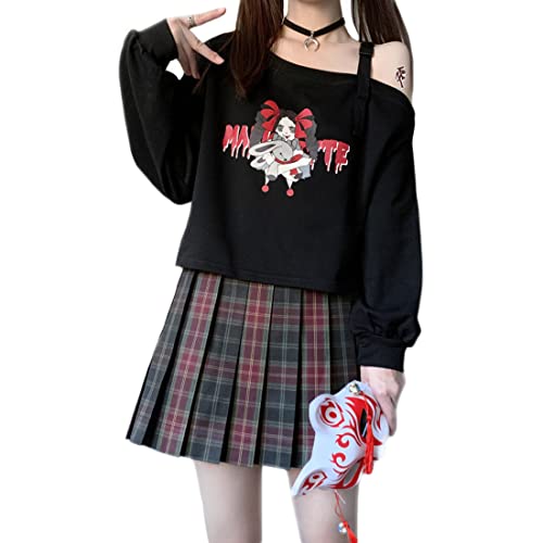 Sweat-shirt gothique pour femme - Joli dessin animé imprimé ample - Épaules dénudées - Sweat-shirt à manches longues pour le printemps et l'automne, Noir , 40 Cover