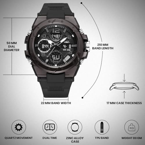 Image of V2A Styrke 5110 Analog Digital Watch for Men | Hybrid Multi Display Dial | Alarm Stopwatch Day Date 12 /24 Hr | TPU Strap | 30M Water Resistant