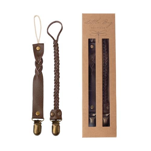 Image of Little Bug Boutique 2-Pack Leather Baby Pacifier Clips - Neutral Pacifier Holders for Baby Girls & Boys, Paci & Binky Clips or Strap for Toys & Teethers (Mocha Brown), Pacifier NOT Included