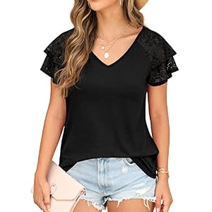 Summer Tops Double Lace Sleeve Shirts for Women V Neck Loose Casual Tee Tunics