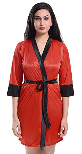 Robe de chambre en satin au-dessus du genou avec ceinture, couleur rouge et noir, taille unique