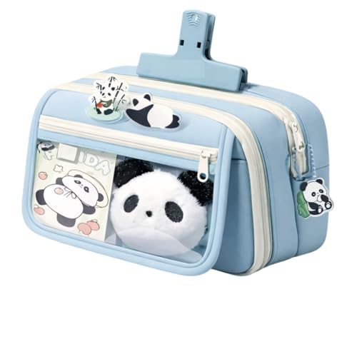 Image of Panda Pencil Case,Cute Design Large Capacity with Transparent Window, Includes Panda Doll and Stickers (Sky Blue)