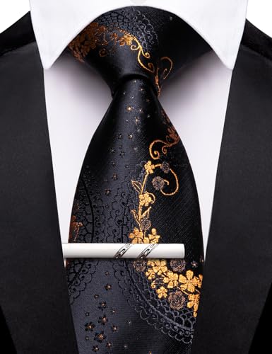 Image of Barry.Wang Floral Ties for Men Flower Necktie with Tie Clip Formal