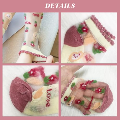 Image of Womens Girls Nylon Socks Sheer Summer Transparent Ankle Socks Mesh Thin Novelty Socks Red Flower, Floral-rosy