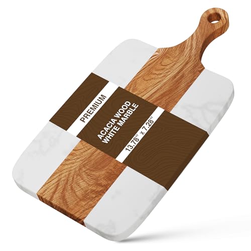 Enhance Your Kitchen with Our Durable Acacia Wood and Marble Tray and Ergonomic Wood-Marble Cutting Board, Perfect Stone Cutting Board for Home Chefs, Busy Families & Health-Conscious Cooks