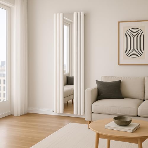 Go Bathrooms Tall White Vertical Radiator With Mirror 1800mm x 500mm Double Panel Radiator White Oval Columns Tall Full Length Mirror Design Living Room Bedroom Central Heating |Gala