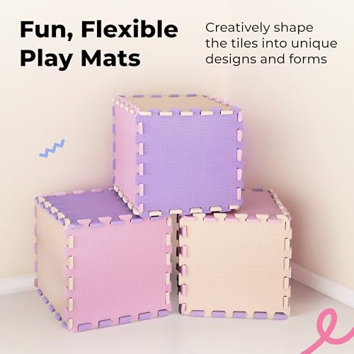 Image of MioTetto Soft Non-Toxic Foam Baby Play Mat | Colourful Puzzle Play Mat | Floor Mats with 36 Squares for Kids and Babies | EVA Foam Interlocking Tiles, Pink Purple Beige, 36