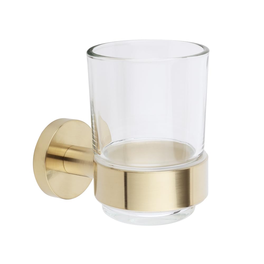 Milano Ayanna Wall Mounted Bathroom Glass Toothbrush Tumbler Brushed Brass Holder