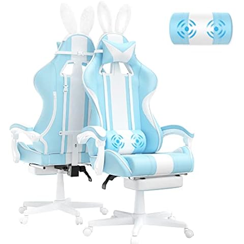 Ferghana Kawaii Light Blue Gaming Chair with Bunny Ears, Ergonomic Cute Gamer Chair with Footrest and Massage, Racing Reclining Leather Computer Game Chair 250lbs for Girls Adults Teens Kids Cover