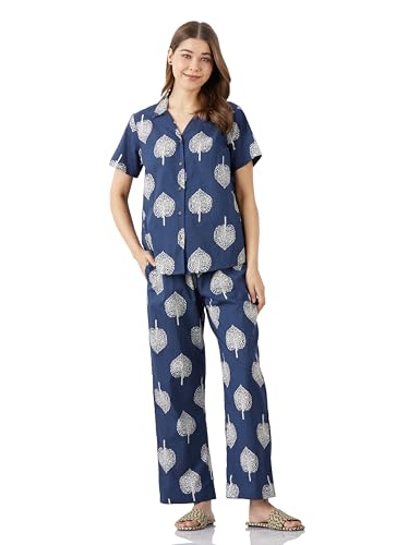 Image of Amazon Brand - Myx Women Cotton Shirt and Relaxed Pajama Set | Night Suit Set (Available in Plus Sizes)