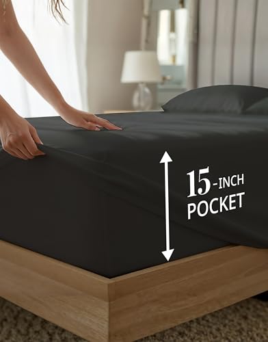 Image of LANE LINEN Split Top King Sheets 100% Egyptian Cotton Sateen - Black