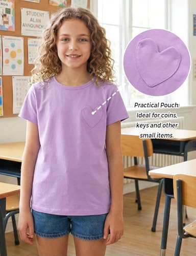 Image of Noomelfish Girls Short Sleeve Heart Pocket T-Shirts Casual Cotton Tee Tops Blouse (5-12 Years)