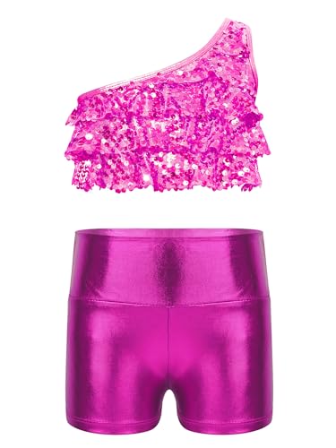 Alvivi Trajes de baile para niñas con lentejuelas y metalizados para actuaciones escénicas Rosa oscuro 9-10 años