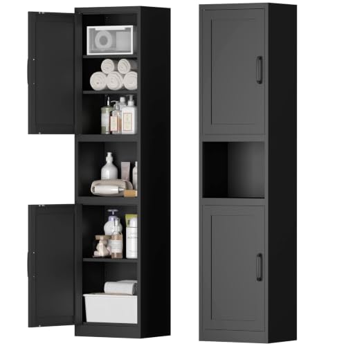 Image of Bathroom Storage Cabinet, 67 inch H Tall Bathroom Storage with Shelves and Doors, Narrow Bathroom Storage Cabinet for Home, Metal Slim Storage Cabinet, Black