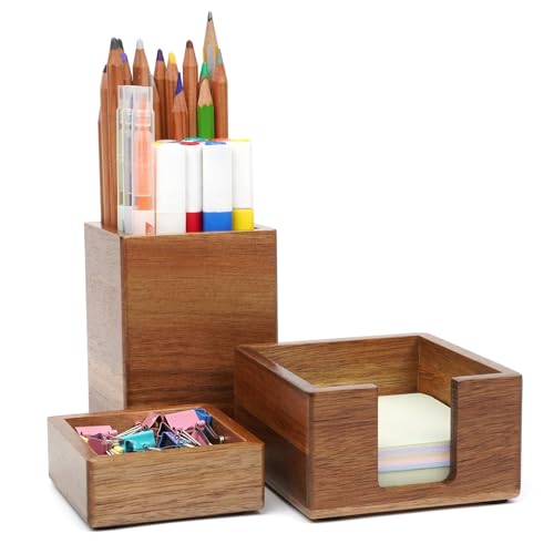 RAWILL 3 PCS Wooden Desk Organizer Set, Acacia Wood Office Desk Accessories with Pen Holder, Paperclip Storage and Sticky Note Holder,Wood Grain Clear, Ideal Gift for Office and Family