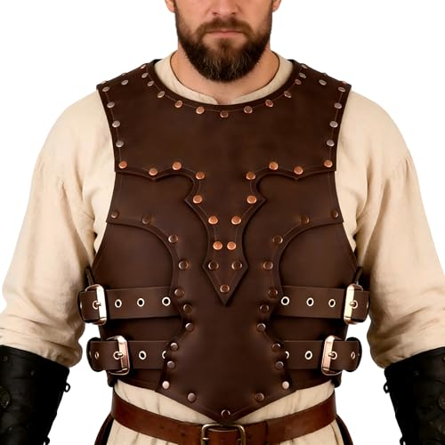 ANDHOM Disfraz medieval de caballero guerrero vikingo de cuero, armadura de pecho ajustable, hebilla ajustable, disfraz de cosplay para Halloween, carnaval, día de los caballeros, negro y marrón