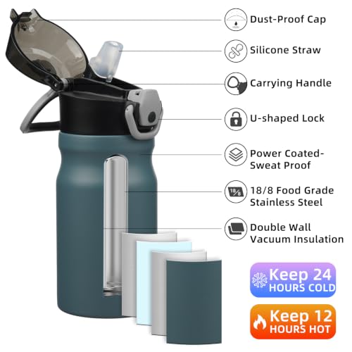 Image of BJPKPK 14 oz Insulated Water Bottle, Straw, Handle, Stainless Steel Flask | Leak Proof Locking Lid, Double Wall Vacuum, Keeps Hot /Cold, BPA Free, Dishwasher Safe, Travel & Sports, Dark Grey