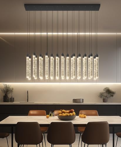 Image of Rectangular Chandeliers 26-Lights Long Light for Entryway LED Dimmable Chandeliers Lighting Fixture Flat Sloped High Ceiling Pendant Lights Crystal for Living Room Foyer Hallway Staircase Black
