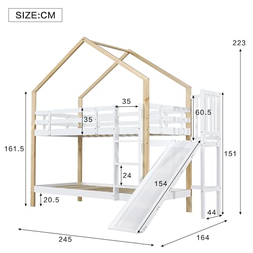 Rvjiahe Etagenbett mit Rutsche und dreistufiger Winkelaufstiegsleiter, Hausbett mit mit Absturzsicherung, Kinderbett, Bettrahmen aus Massivholz, Weiß+Natur, 90x200cm (Weiß+Natur, 90x200cm)