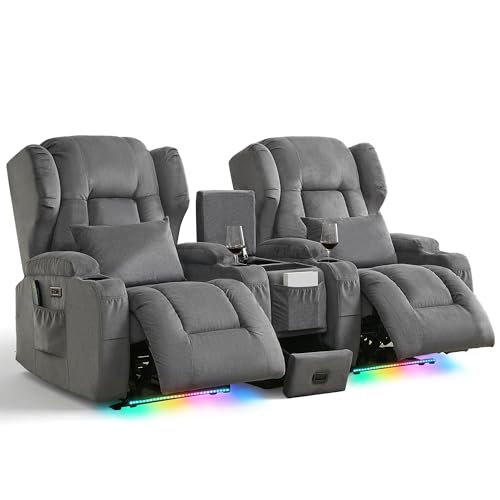 Image of DRMBOOK Power Recliner Chair, Electric Wall Hugger Reclining Sofa with Massage & Heat, Overstuffed Theater Seating with LED /USB /Cup Holders for Living Room (Linen Grey, 2 Chairs with Console)