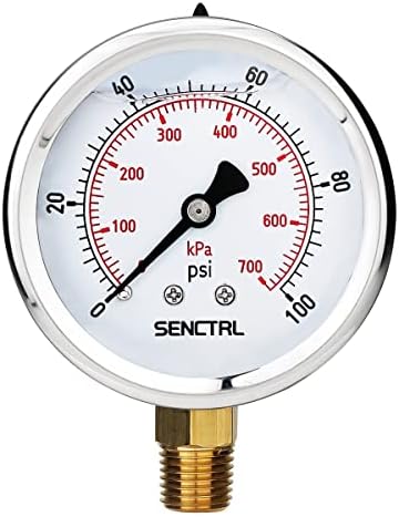 SENCTRL 0-100 Psi Glycerin Liquid Filled Low Pressure Gauge, 2.5" Dial Size, 1/4" NPT Lower Mount, Stainless Steel Case, for Water Pump, Pneumatic Air, Well, RV Hose, Tank, Gas Pressure Test