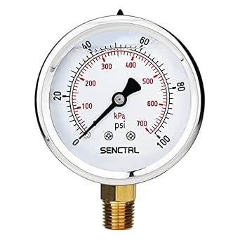 SENCTRL 0-100 Psi Liquid Filled Low Pressure Gauge, 1/4" NPT Lower Mount
