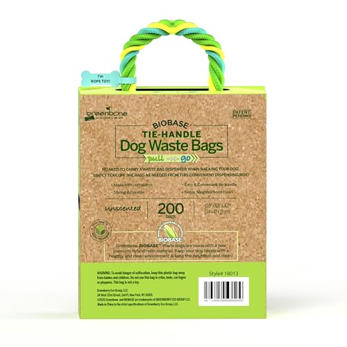 Image of Greenbone Poop Bags for Dogs with Handles Unscented with Bonus Rope Pet Toy, 200 Count on Single Roll, Plant Based