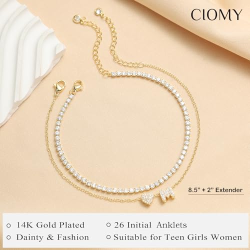Image of Gold Initial Ankle Bracelets for Women 14K Gold Plated CZ heart Tennis Anklets for Women Waterproof Adjustable Initial Anklets Large Ankle Summer Beach Foot Jewelry