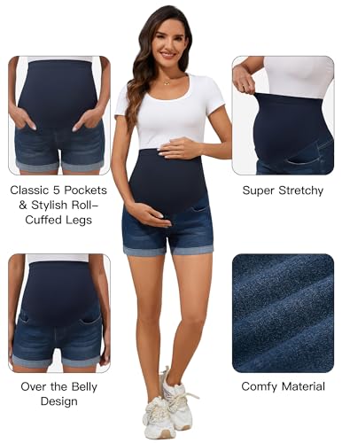 Image of PACBREEZE Women's Maternity Jean Shorts Over Belly Stretch Denim Shorts Trendy Summer Pregnancy Clothes
