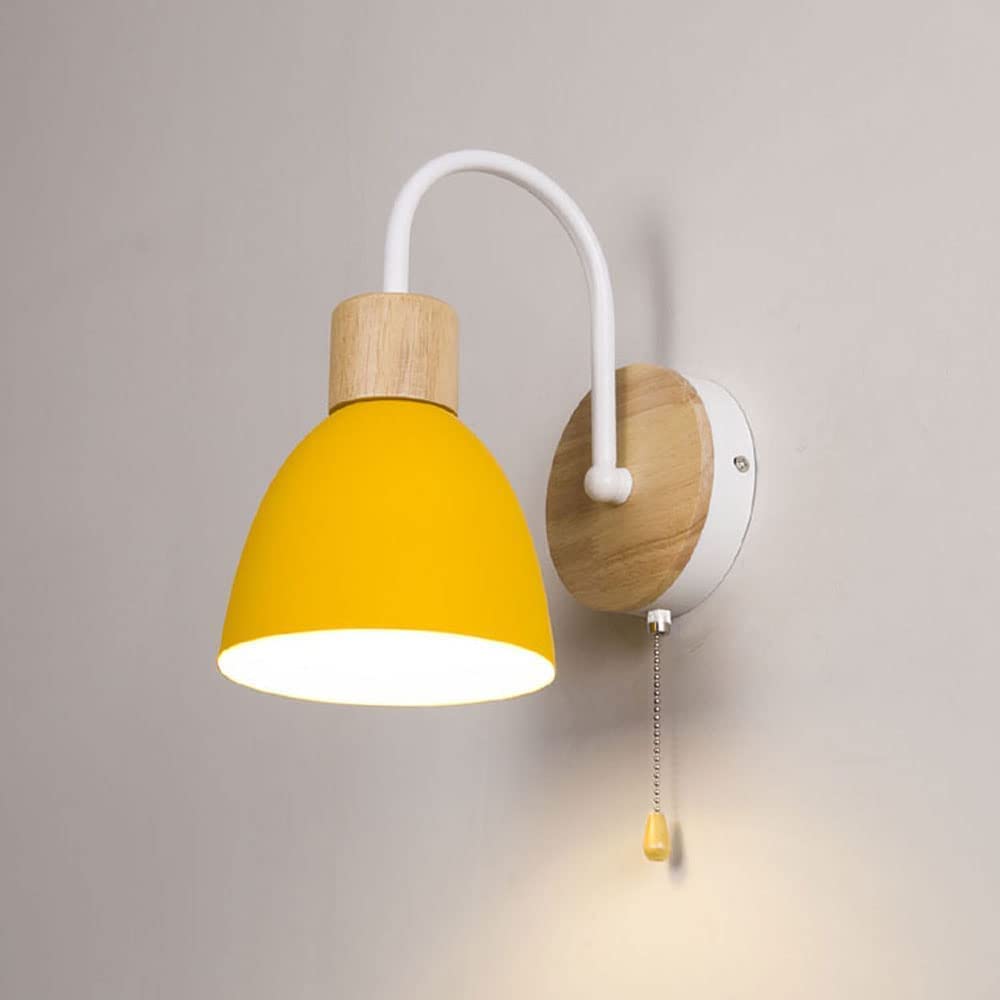 HYJAUSXB Modern Nordic Hardwired Wall Light - Wood Lamp with Pull Chain Switch Bedroom Bedside Headboard Lighting Mount Lights for Study Room, Hallway, Foyer (Black-Green) (Whiteyellow)