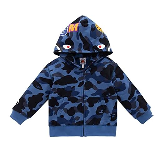 Bape Kids Shark A-Pe Hoodie för barn Camo bomull pojkar jacka Zip Camouflage Hoody Sweatshirt,Blue,S