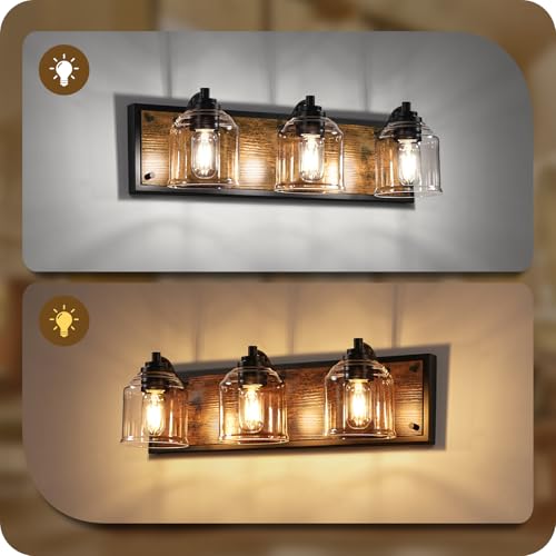 Image of 3-Light Bathroom Fixture, 23.2 inch Large Farmhouse Vanity Light, E26 Base (Bulbs Not Included), Thickened Glass Shade, for Bathroom, Bedroom, Vanity, Hallway, Rustic Brown and Black F17BD05