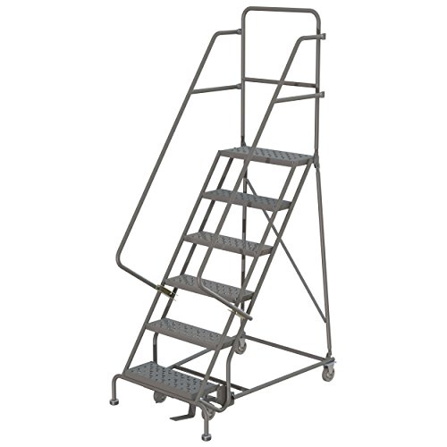 Image of Tri-Arc KDSR106166 6-Step Steel Rolling Industrial and Warehouse Ladder with Handrails and 16 inch Wide Perforated Tread