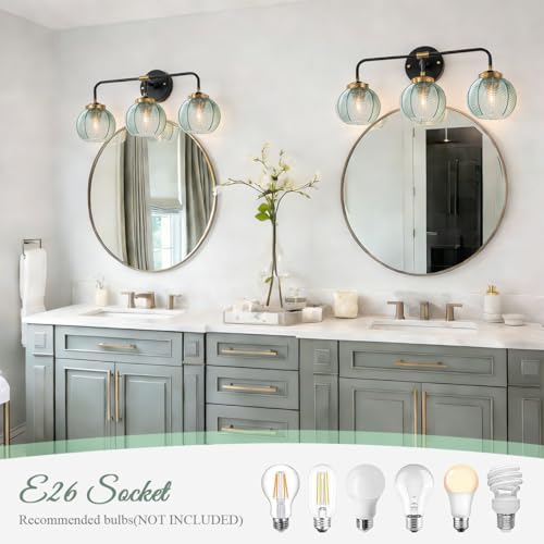 Image of 3-Light Bathroom Vanity Light Black Wall Mount Light with Green Glass Shade, Mid Century Wall Sconce Lights Modern Vanity Lamp for Over Mirror Bedroom Hallway