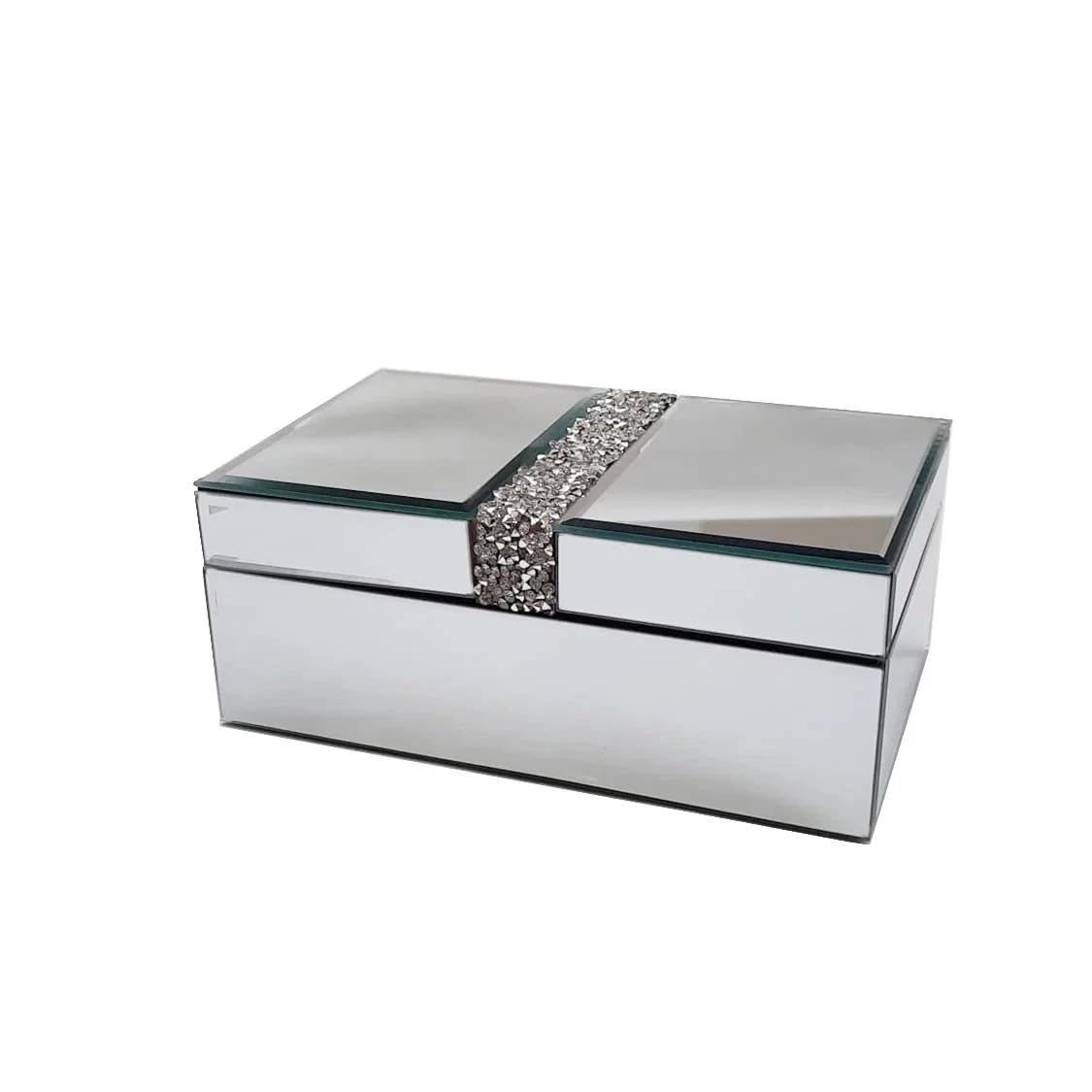Biznest Silver With Mirror Finish And Crushed Diamante Accents Luxury Silver Mirrored Finish Glass Jewellery Box Sparkle Crushed Diamante Square Storage Display Holder Velvet Lined Interior Large Cosmetics Organiser Dressing Table Vanity Decor 25 X 20 Cm