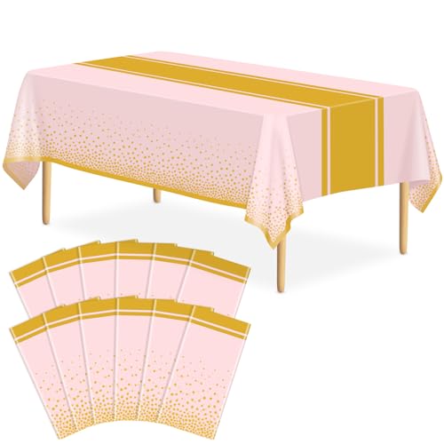 Image of 12 Pack Pink and Gold Tablecloth Party Decorations Plastic Pink Tablecloth Printed Gold Table Runner 54 x108 Inch Disposable Rectangle Table Cover for Birthday Wedding Graduation Anniversary