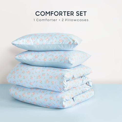Image of Wake In Cloud - Floral Comforter Set, Coquette Cottagecore Aesthetic Flower Shabby Chic Pattern for Women Teen Girls, Soft Lightweight Bedding, 3 Pieces, Blue Pink, Twin /Twin XL Size