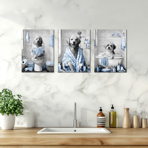 Image of sechars Funny Dogs Bathroom Wall Art Grey and Blue Bath Decor Cute Animal Painting Canvas Print (Blue)