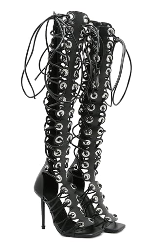 Image of STUPMARY Women Peep Toe Sandals Cut-outs Cross-tied Lace Up High Heeled Gladiator Sandals Zipper Over The Knee Bootie Summer