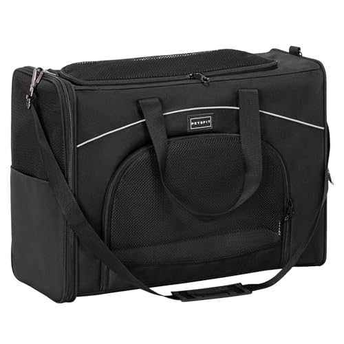 Petsfit Hundetasche Flugzeug 55x40x23 & Flugtasche Hund | Transportbox Katze | Transporttasche Hund Katzen | Sicherer Transport in Auto, Flugzeug und Bahn,mit 2 Platzierung-Methode, L/Schwarz