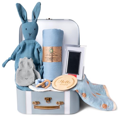 Image of Baby Shower Gifts for Boys, Baby Boy Gifts & Newborn Essentials Bunny Lovey Security Blanket Wooden Milestone Card Infant Rattle Toy, Neworn Boy Gift Basket Set