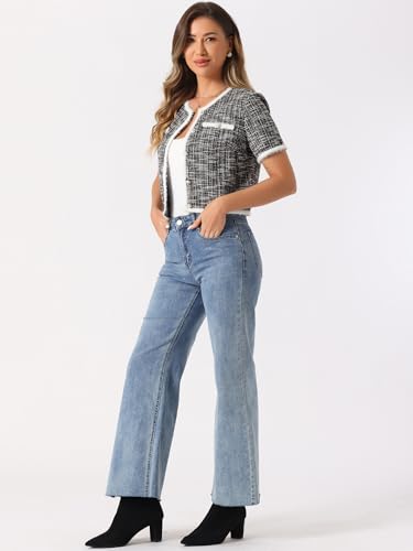 Allegra K Short Sleeve Tweed Jacket for Women Summer Crew Neck Button Front Cropped Cardigan4