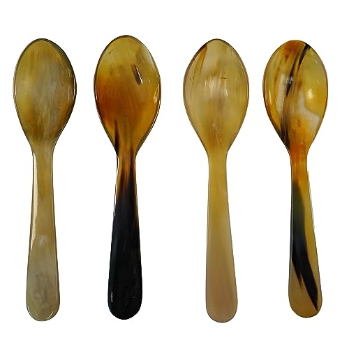 Mythrojan Horn Spoon Viking Coffee Spoons Set Vintage Serving Spoon with 100% Authentic Horn for Cosplay, Reenactment, Renaissance, Renfaire, Unique Gift Home Decor - Pack of 4