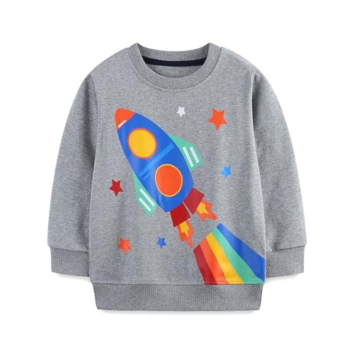 Toddler Sweatshirts,Crewneck Sweatshirt with Rocket Print，Long Sleeve Pullover Crew Neck Tops