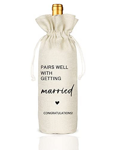Wedding Wine Bag, Bridal Shower Gift - Pairs Well With Getting Married, Gift for Wedding Couples, Bridal Shower, Engagement - Burlap Reusable Wine Bag