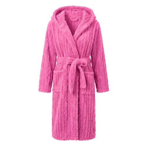 Image of HEARTNICE Women Fuzzy Soft Long Hooded Warm Robes | Lightweight Fluffy Bathrobes, Yellow Plush Robe, Cute Pom-Pom Vertical Striped Jacquard Details